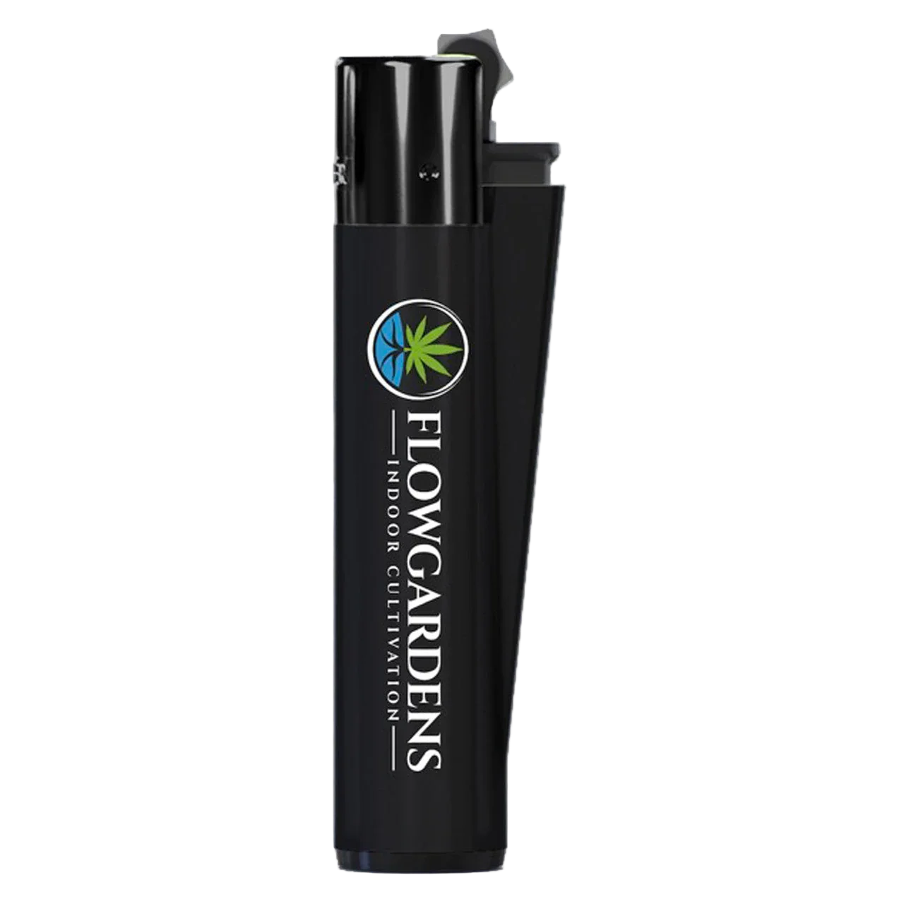 Black Clipper lighter with Flow Gardens Indoor Cultivation logo on a plain background