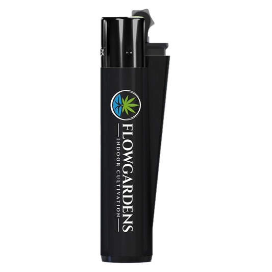 Black Clipper lighter with Flow Gardens Indoor Cultivation logo on a plain background