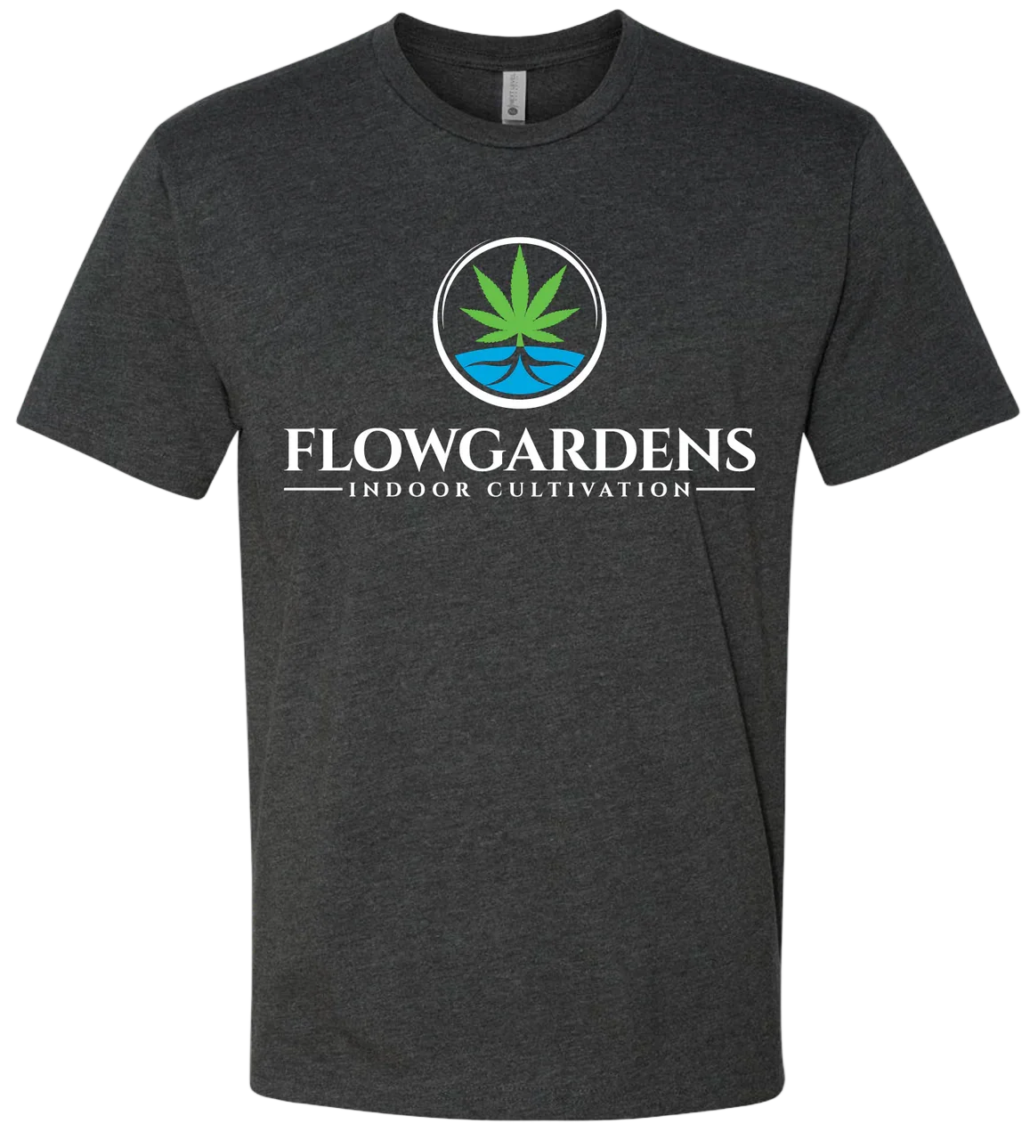 Black graphic tee with Flowgardens Indoor Cultivation logo and green leaf design