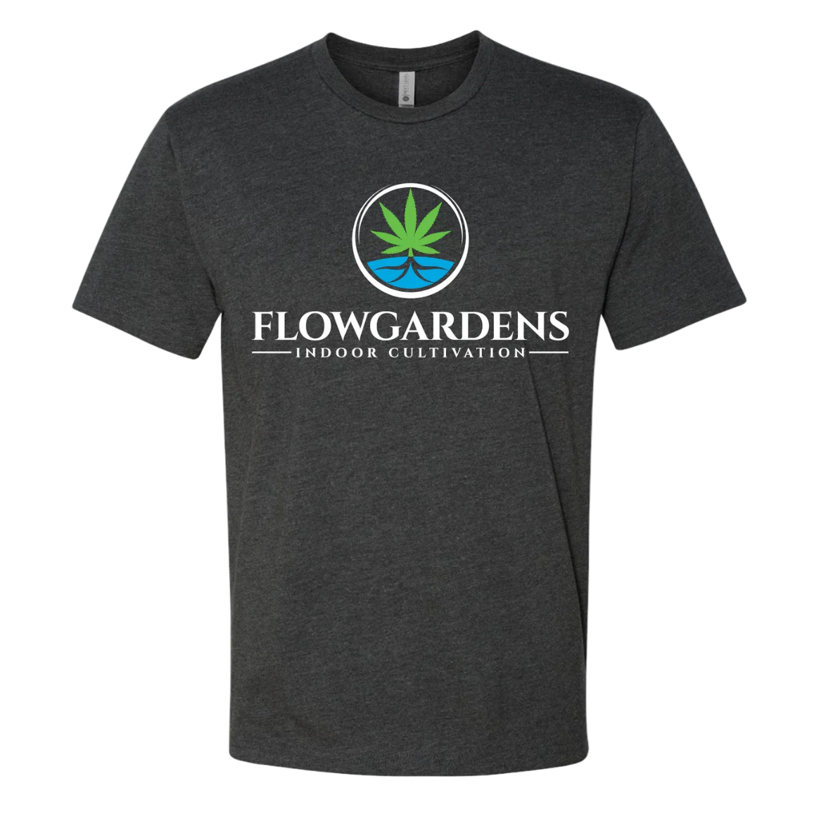 Black graphic tee with Flowgardens Indoor Cultivation logo and green leaf design