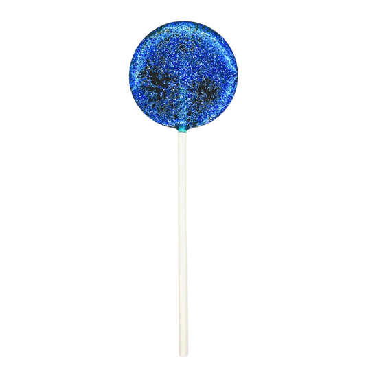 Blue raspberry lollipop with sparkly sugar on a white stick, isolated on white background