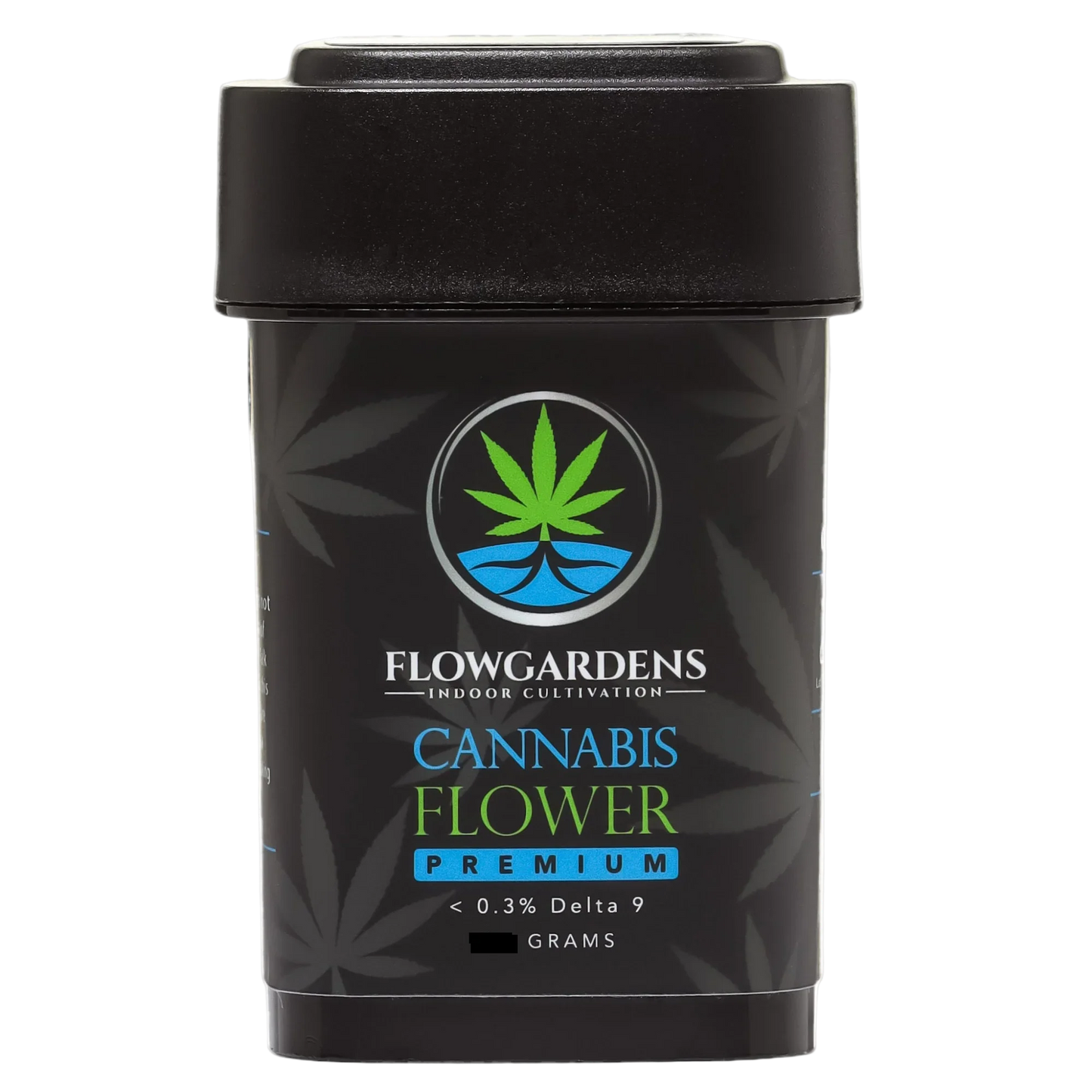 Black container with cannabis branding on a white background