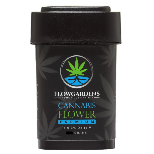 Black container with cannabis branding on a white background