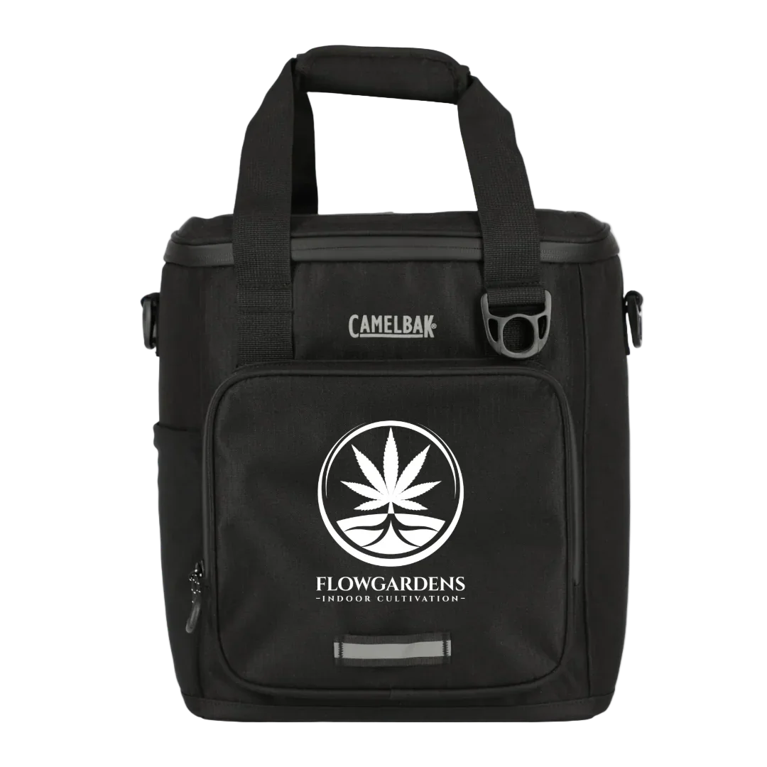 Black CamelBak cooler bag with Flow Gardens indoor cultivation logo on front pocket