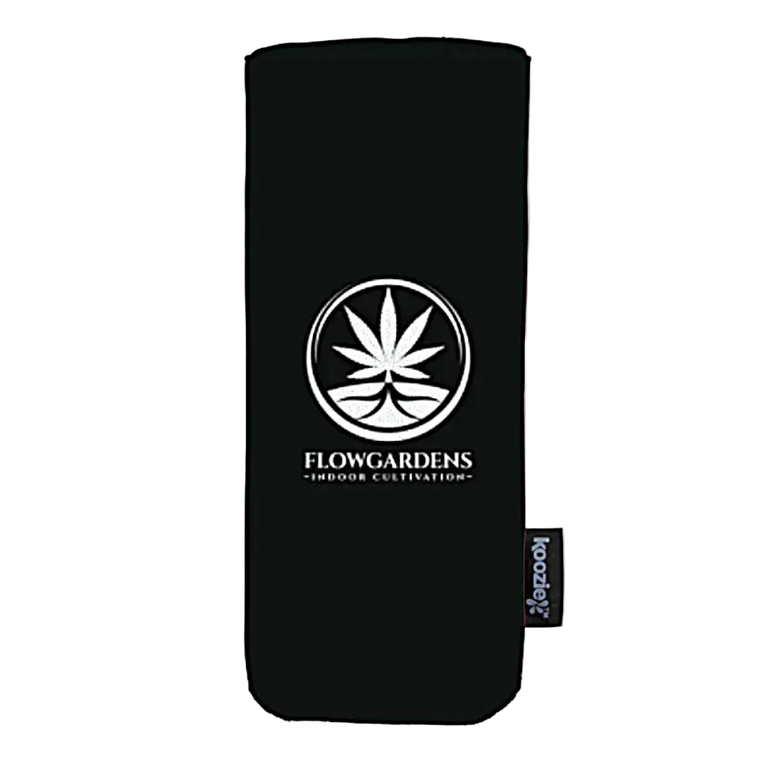 Black Flowgardens slim can koozie with cannabis leaf logo and indoor cultivation text
