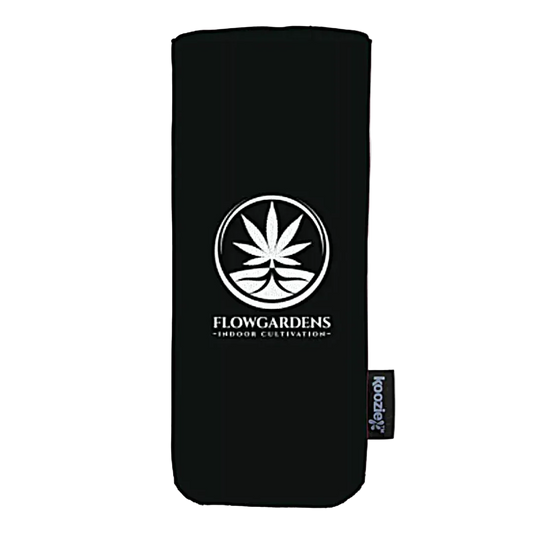 Black Flowgardens slim can koozie with cannabis leaf logo and indoor cultivation text