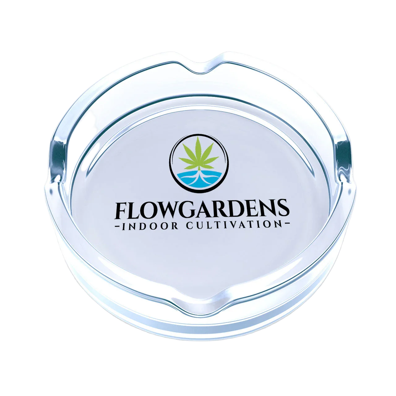 Glass ashtray with Flowgardens Indoor Cultivation logo and cannabis leaf design