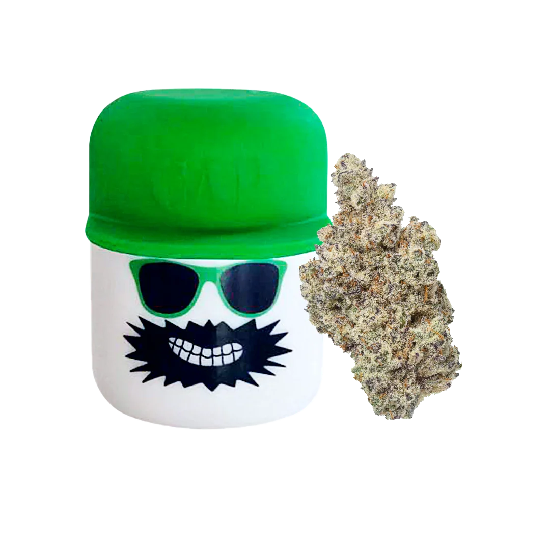 Green-capped cannabis jar with cartoon face and sunglasses next to a cannabis bud