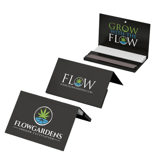 Flow Gardens rolling papers with cannabis leaf logo and slogan Grow With The Flow