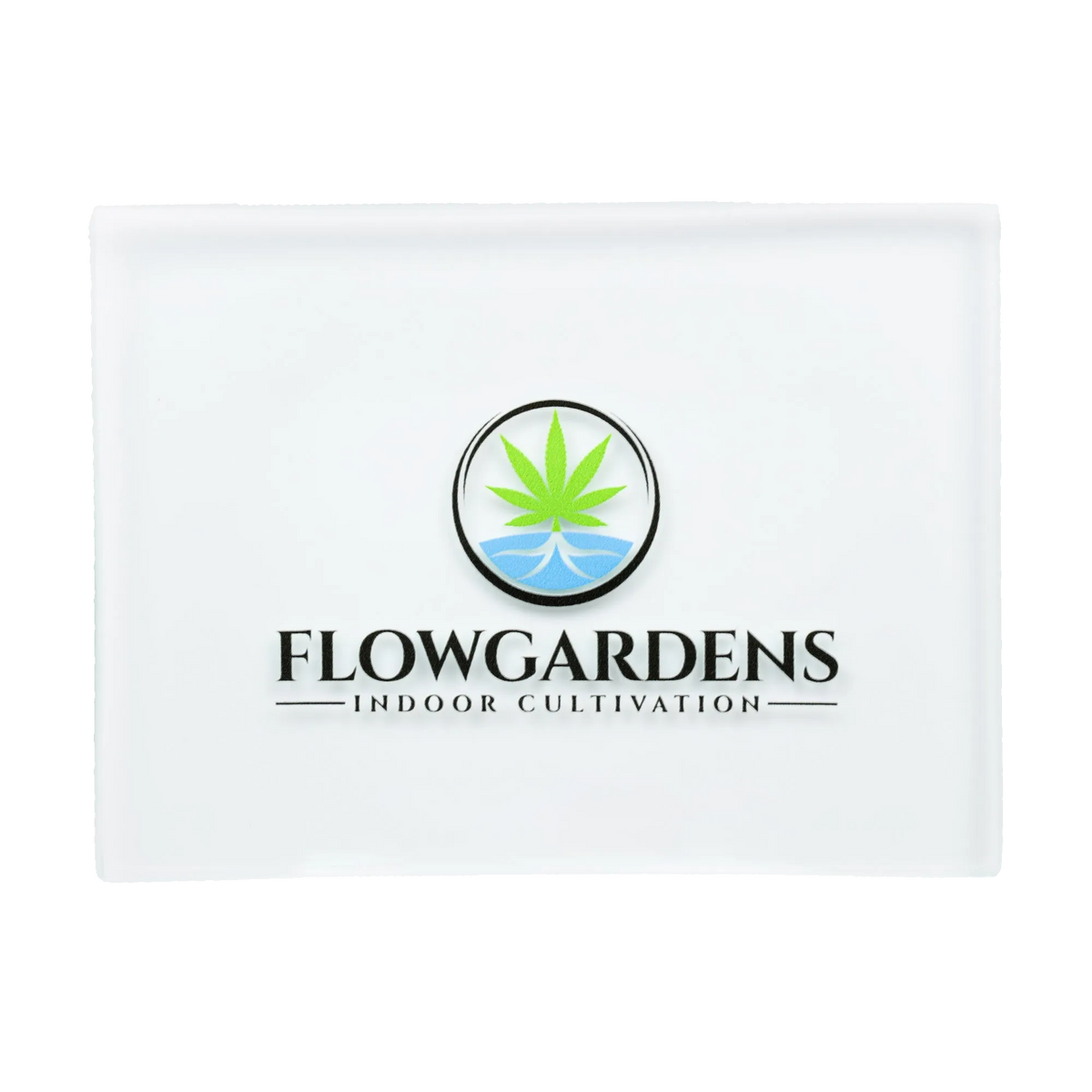 Rectangular glass rolling tray with Flow Gardens logo