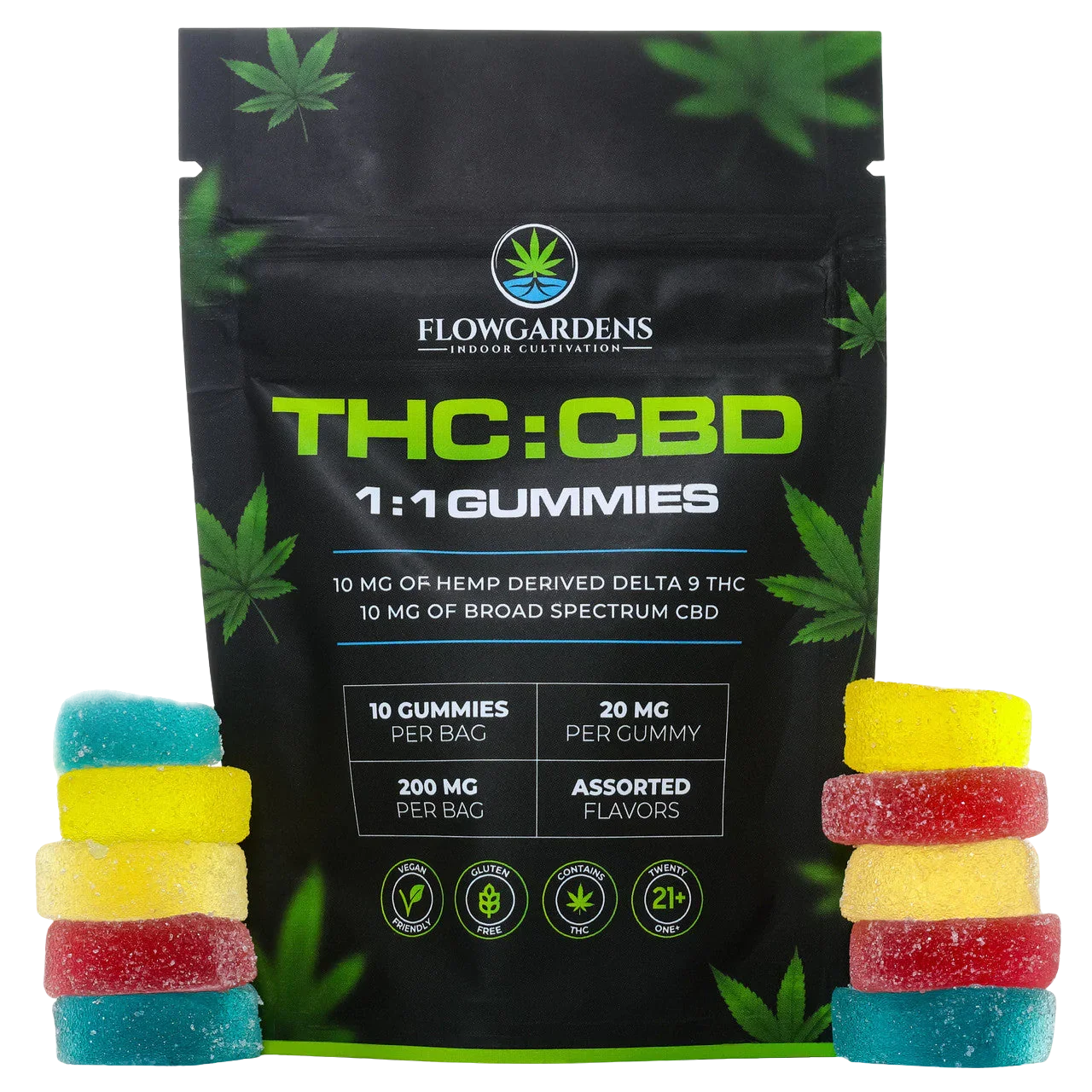 THC CBD gummies 1:1 assorted flavors by FlowGardens in colorful stacks, hemp leaf on package