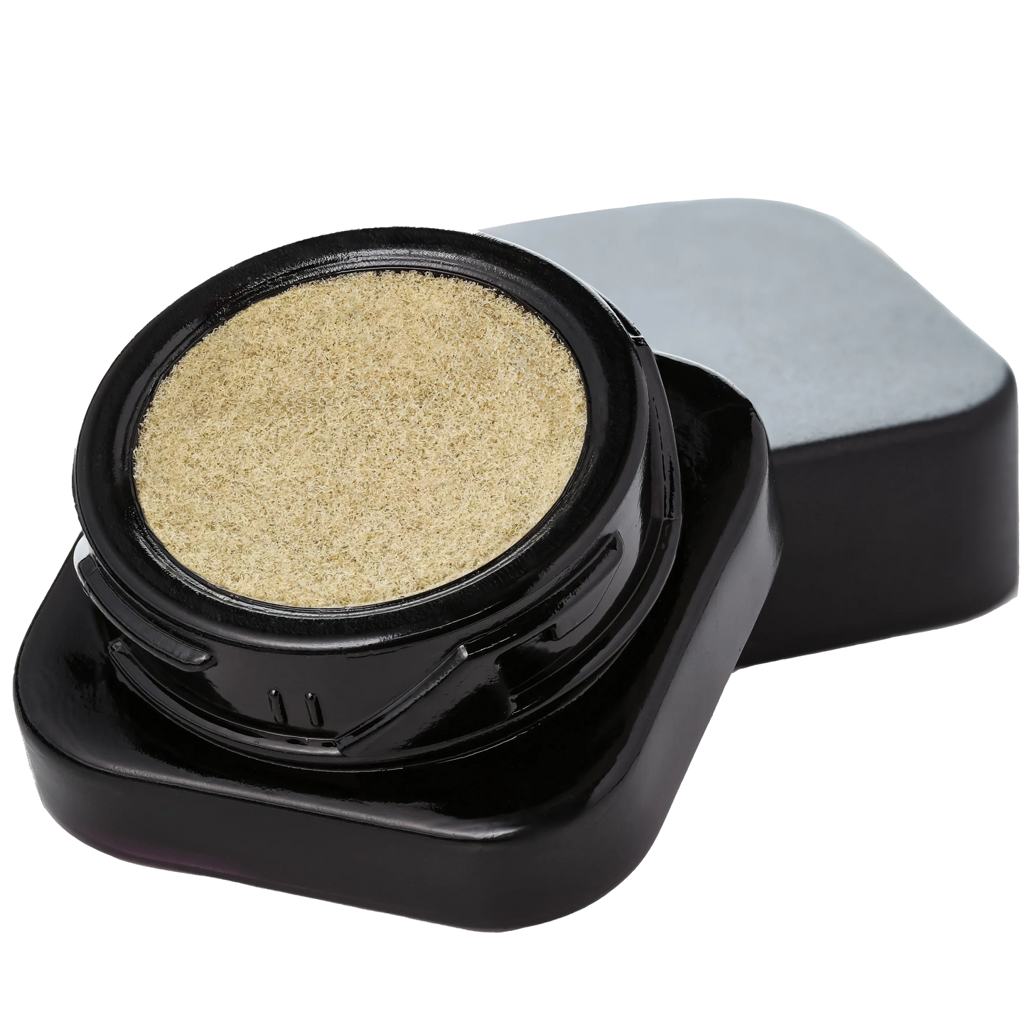 MAC1 dry sift cannabis concentrate in black plastic container with open lid