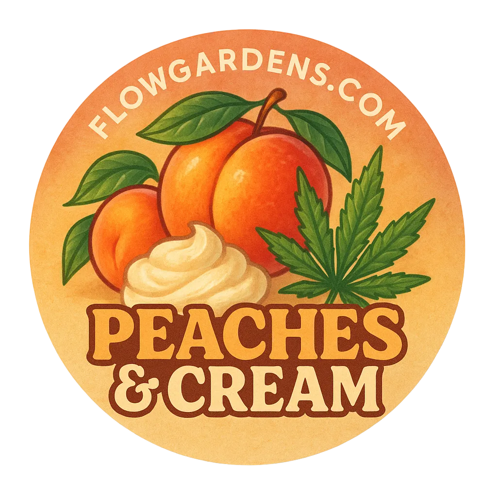 Round sticker with peaches, cream, and cannabis leaf design, featuring 'Flowgardens.com' and 'Peaches & Cream'.