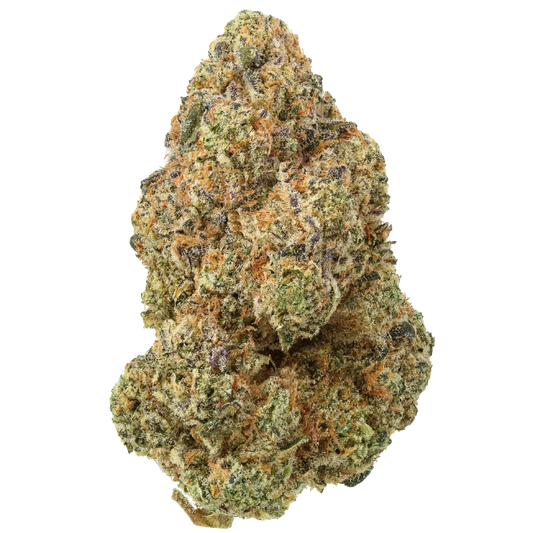 Close-up of Pineway cannabis bud with green, orange, and purple trichomes on white background