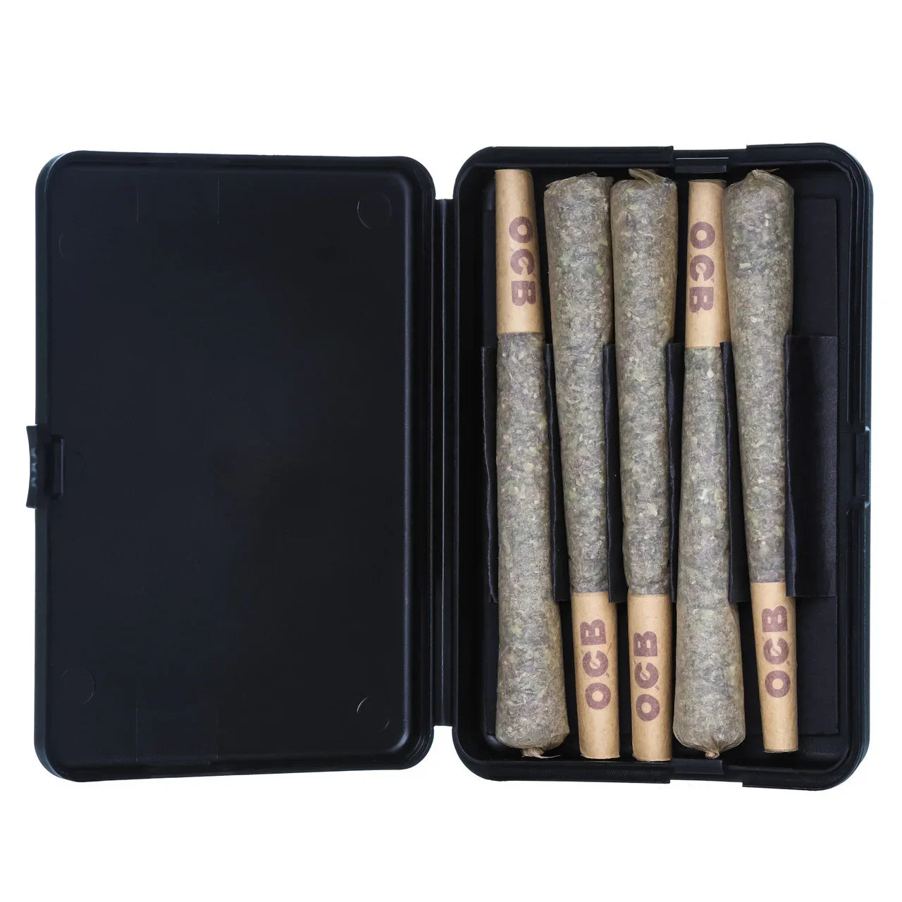 Open black case with five OCB pre-rolled joints neatly arranged inside