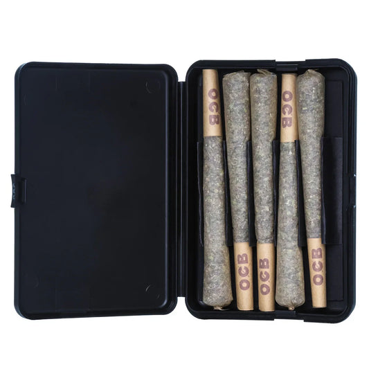 Open black case with five OCB pre-rolled joints neatly arranged inside