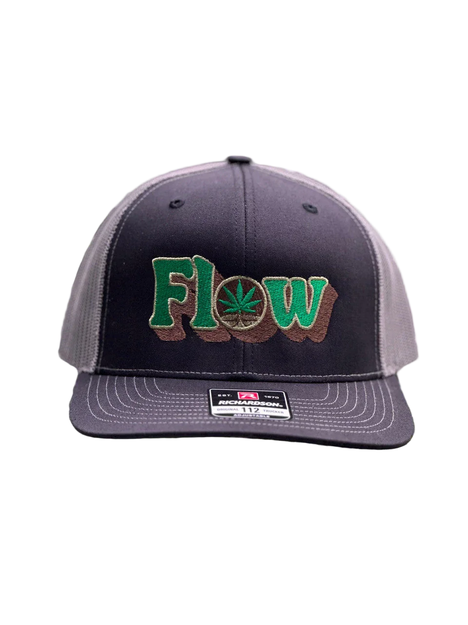 Retro Flow trucker hat with green leaf logo and mesh back, Richardson 112 cap