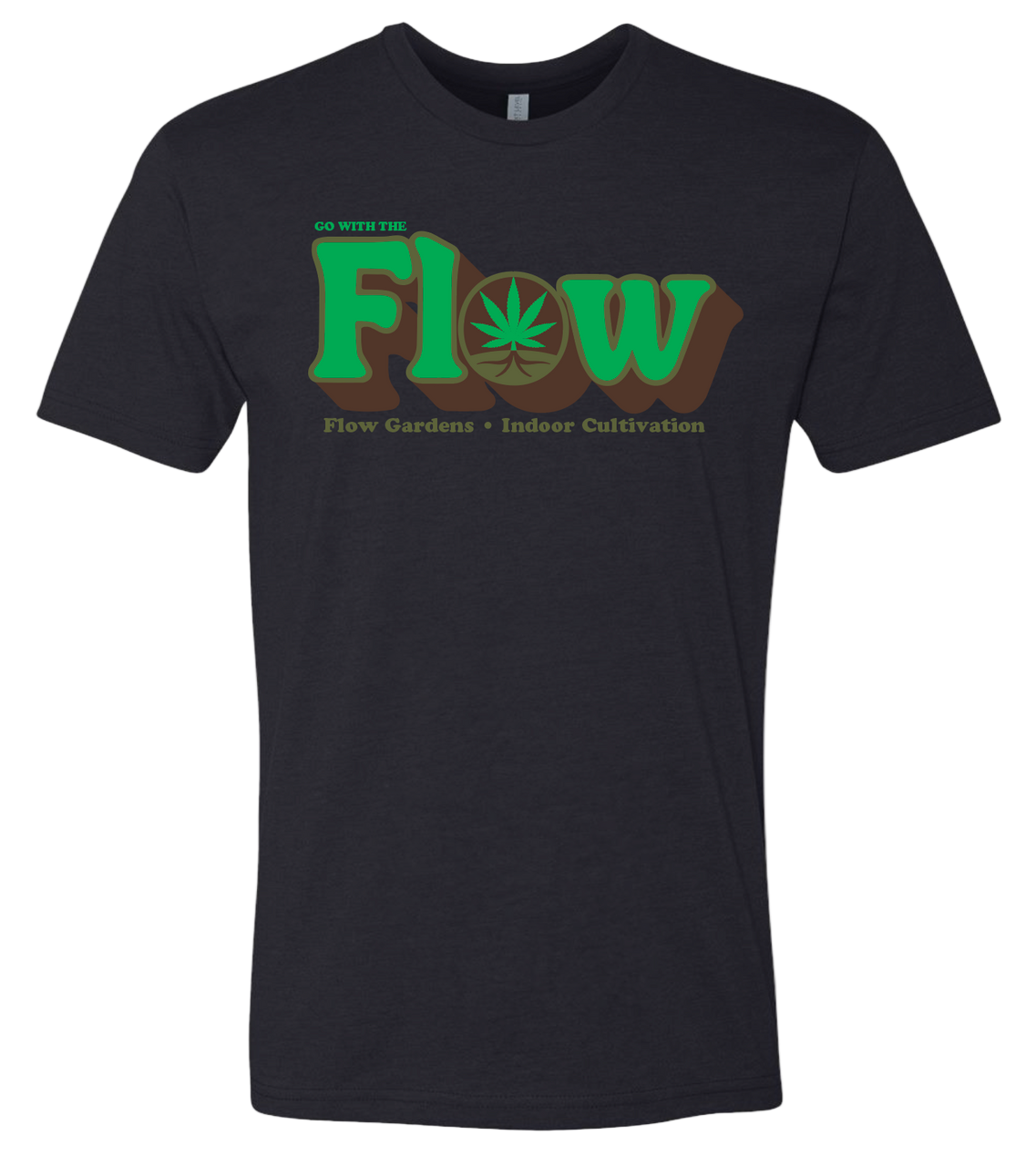 Black Flow Gardens t-shirt with a retro version of the Flow Gardens logo