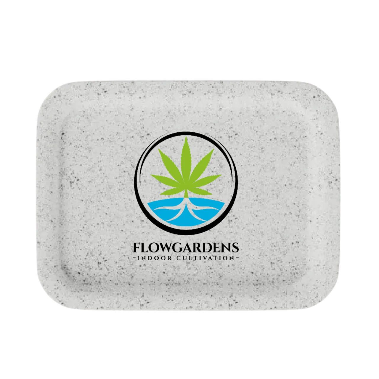 White speckled rolling tray with Flowgardens logo, cannabis leaf, and water graphic