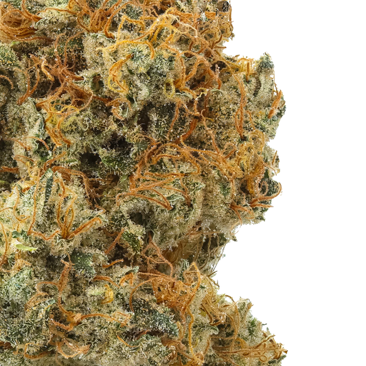 Close-up of frosty cannabis bud with orange hairs and crystal trichomes, black background