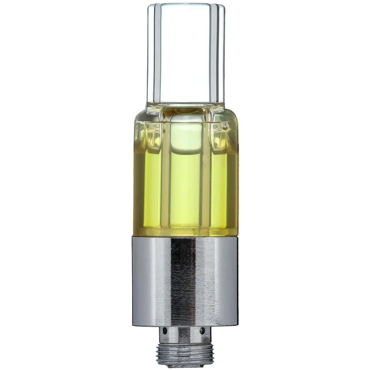 Close-up of a vape cartridge with clear glass, metal base, and yellow oil inside