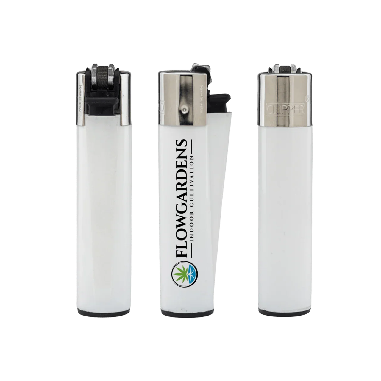 Three white Clipper lighters with FlowGardens Indoor Cultivation branding on black background.