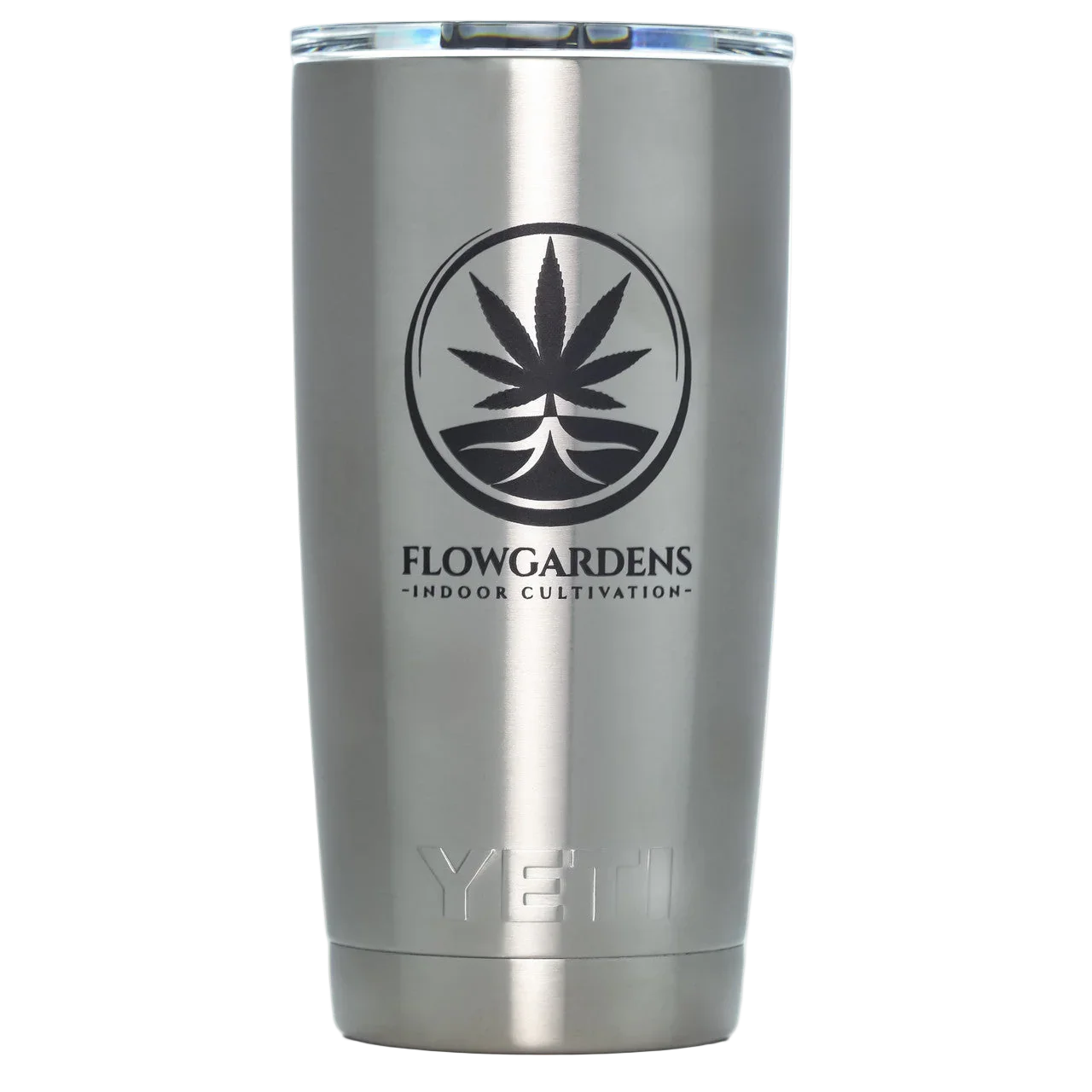 Stainless steel Yeti tumbler with Flowgardens indoor cultivation cannabis logo