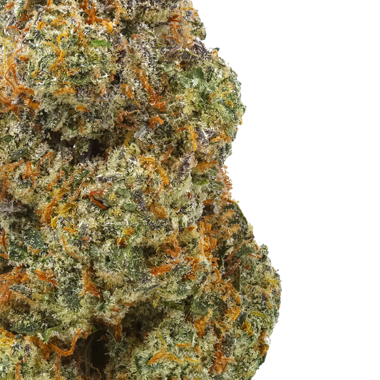 Close-up of cannabis bud with orange hairs, green leaves, and frosty trichomes on white background.