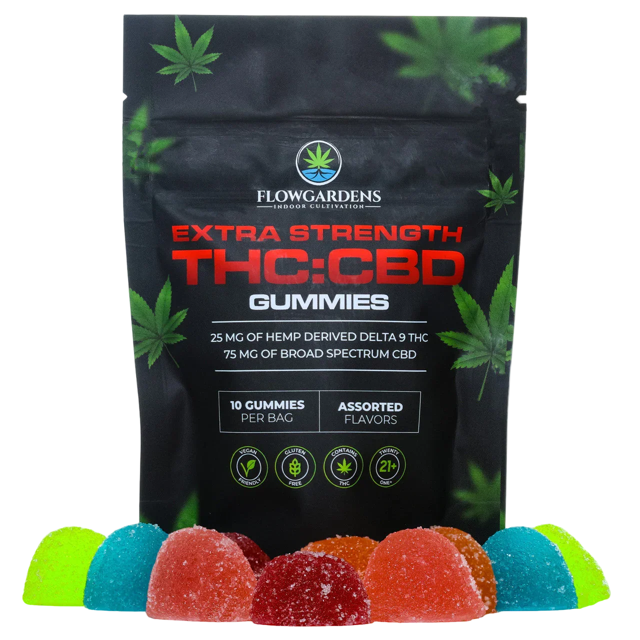 Flow Gardens THC CBD gummies assorted flavors with cannabis leaf packaging