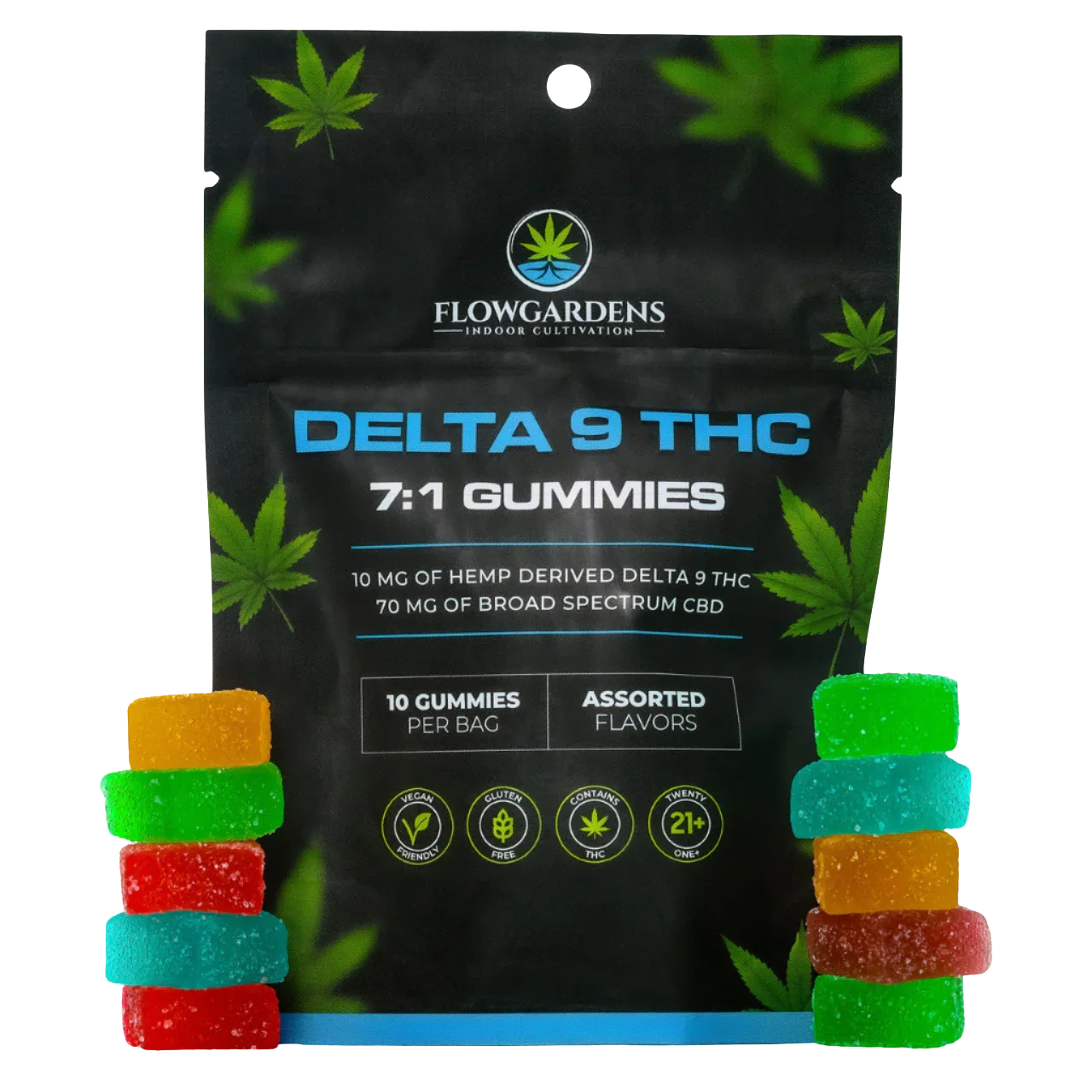 Delta 9 THC 7:1 gummies assorted flavors bag with colorful hemp CBD gummies stacked in front