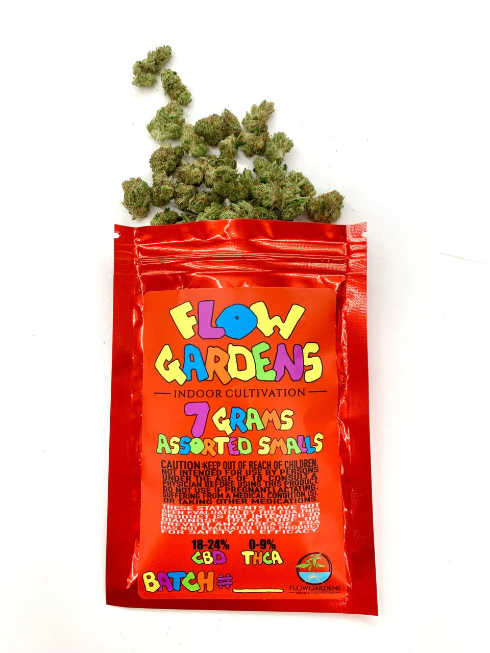 Colorful bag of Fruity Pebbles inspired assorted small CBD buds from Flow Gardens