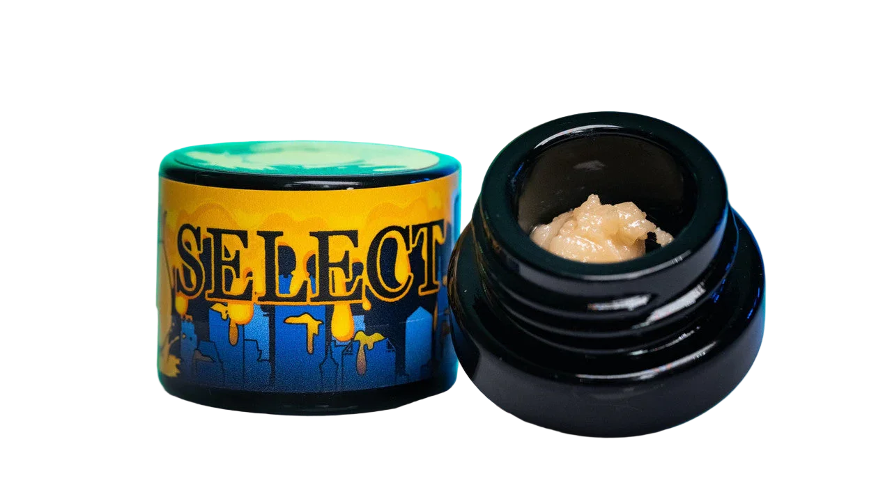 Open black jar of Live Hash Rosin Piur Select concentrate with colorful SELECT label