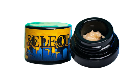 Open black jar of Live Hash Rosin Piur Select concentrate with colorful SELECT label