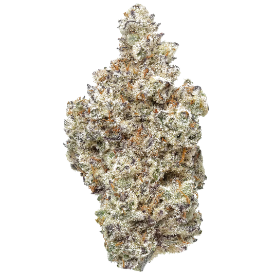 Frosty cannabis bud with purple hues and orange pistils on white background