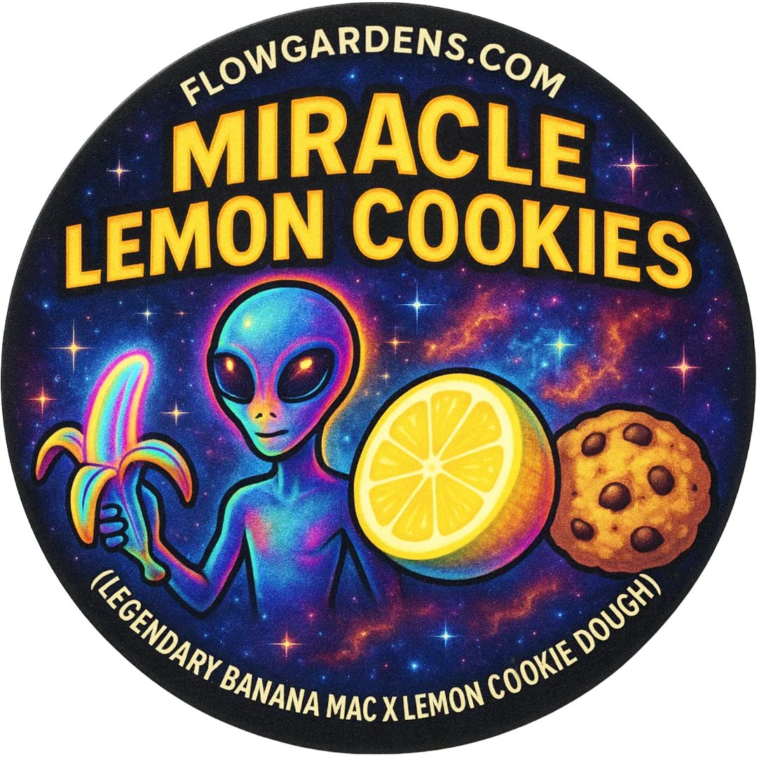 Flow Gardens Miracle Lemon Cookies label with alien holding banana, lemon slice, and cookie on galaxy background