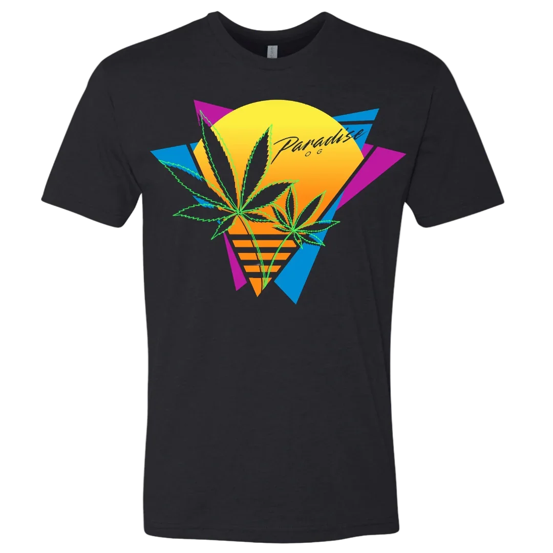 Black Paradise OG shirt with neon sunset, geometric shapes, and cannabis leaves graphic.