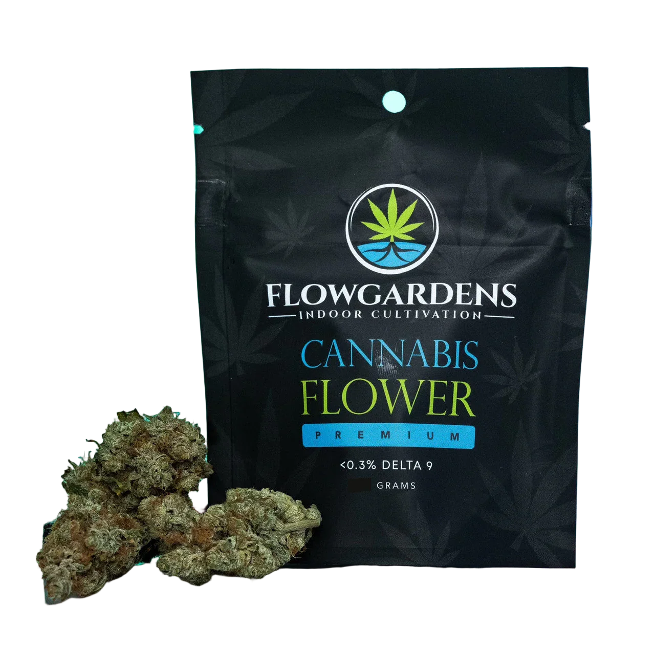 Flowgardens cannabis flower premium packaging with cannabis buds in front