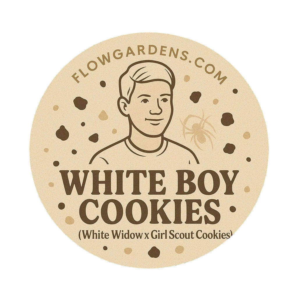 White Boy Cookies logo with illustrated boy, cookie crumbs, spider, and flowgardens.com text