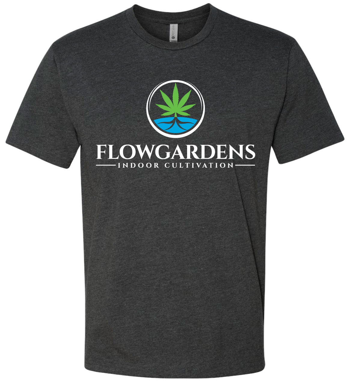 Black Flow Gardens t-shirt with the Flow Gardens logo on the front