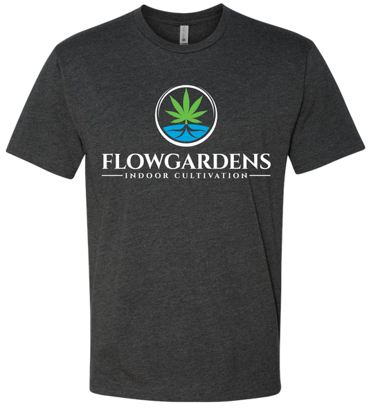 Black Flow Gardens t-shirt with the Flow Gardens logo on the front