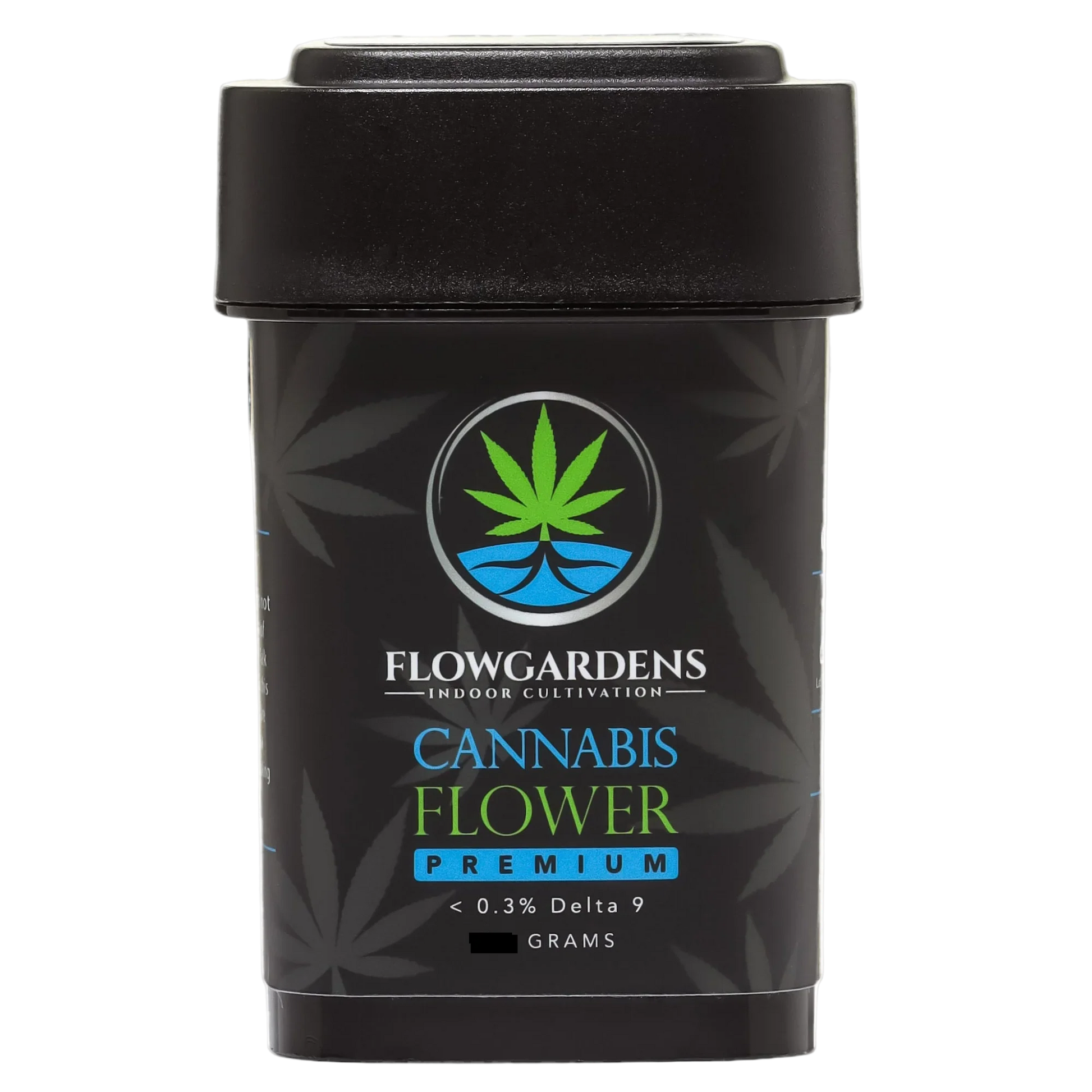 Black container with cannabis branding on a white background