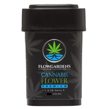 Black container with cannabis branding on a white background