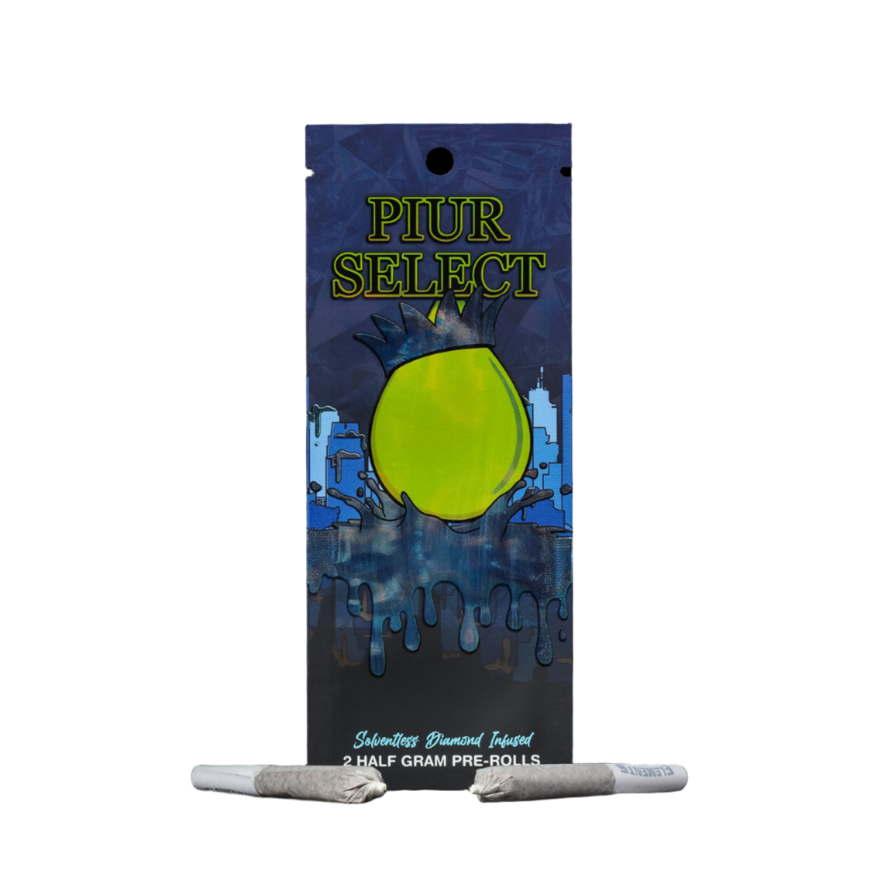 Piur Select pre-roll packaging with a blue and green design on a black background