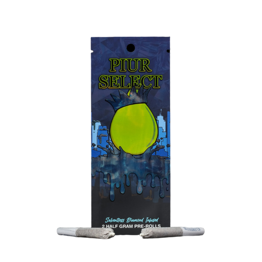 Piur Select pre-roll packaging with a blue and green design on a black background