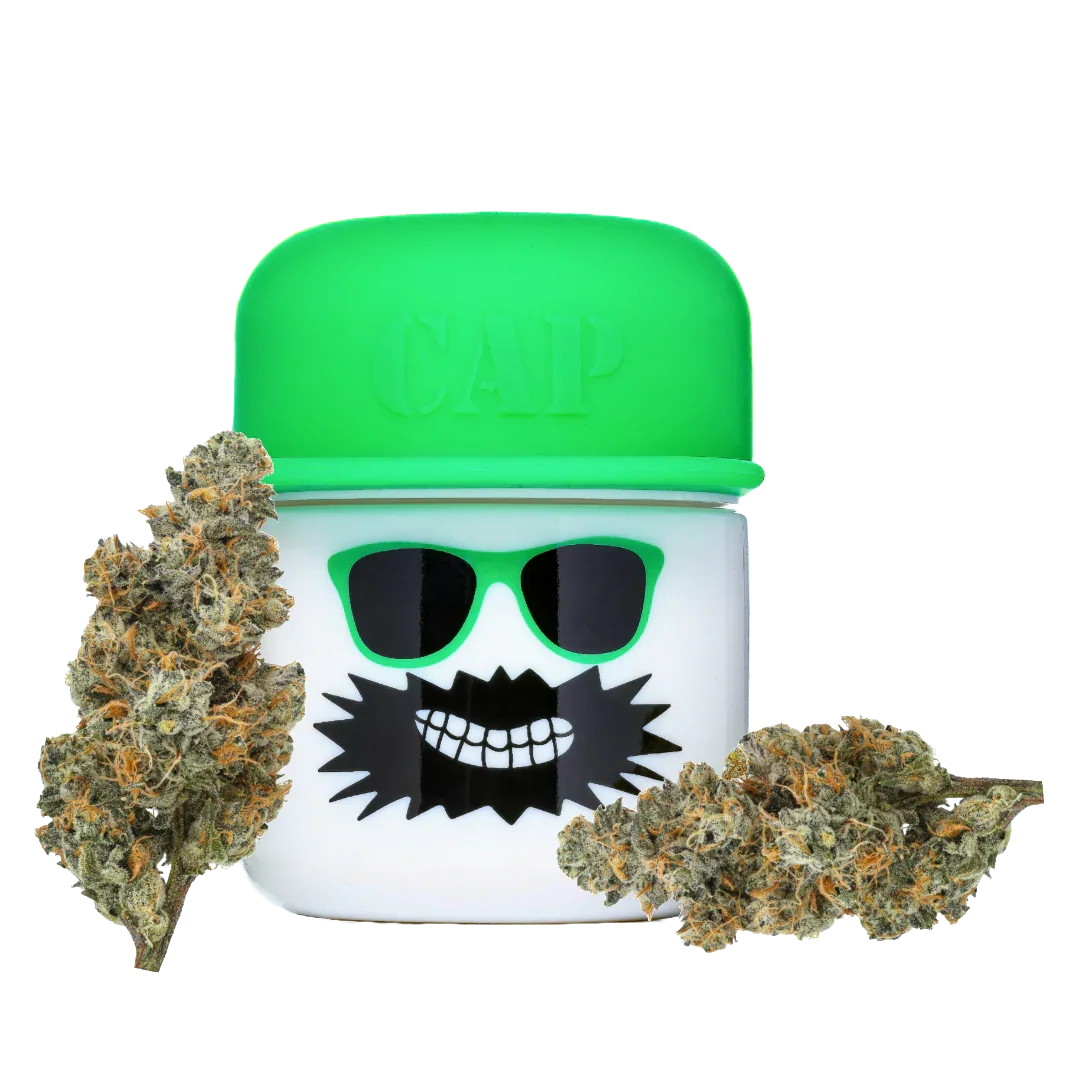 Bubblegum Chem CAP cannabis jar with green lid and buds, cartoon face design