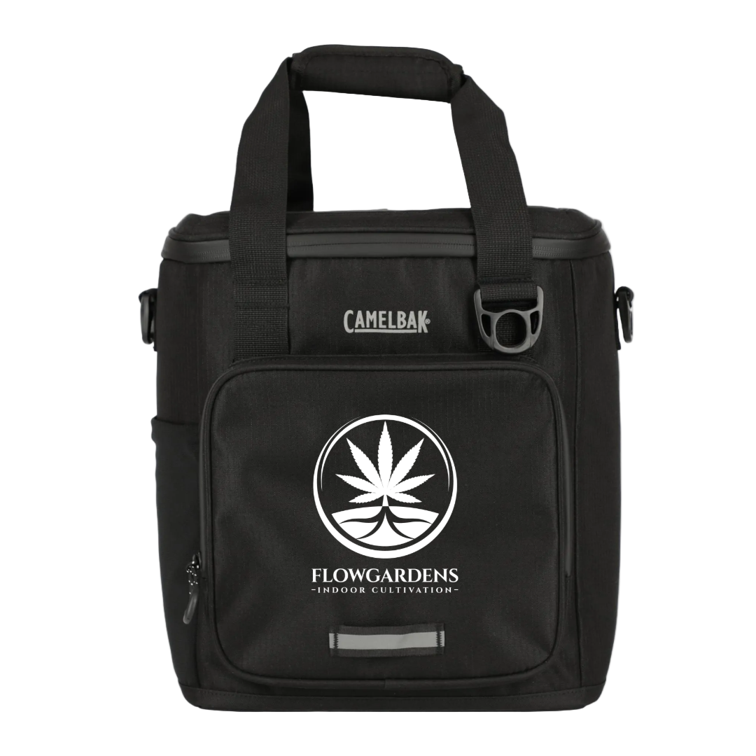 Black CamelBak bag with Flowgardens logo