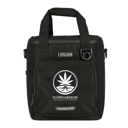 Black CamelBak bag with Flowgardens logo