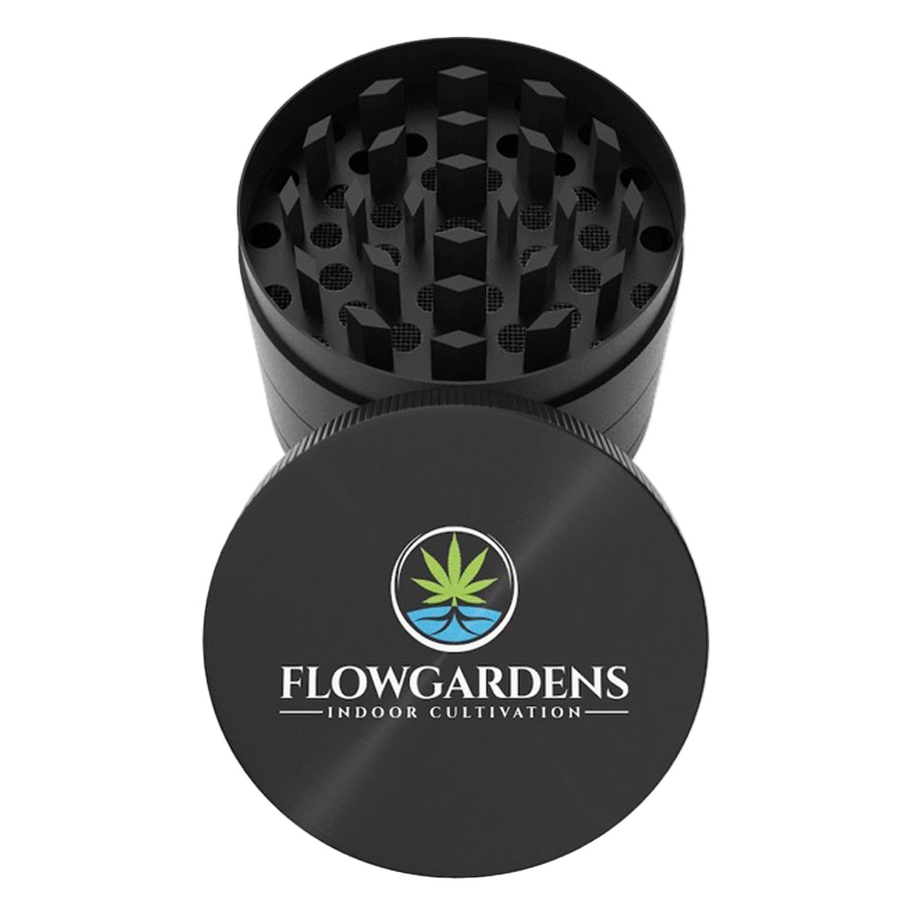 Black herb grinder with Flowgardens logo