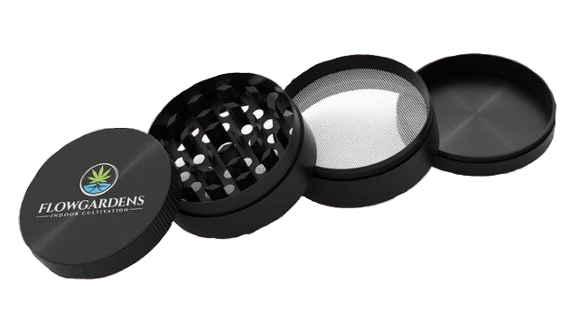 Black herb grinder with 'Flowgardens' logo