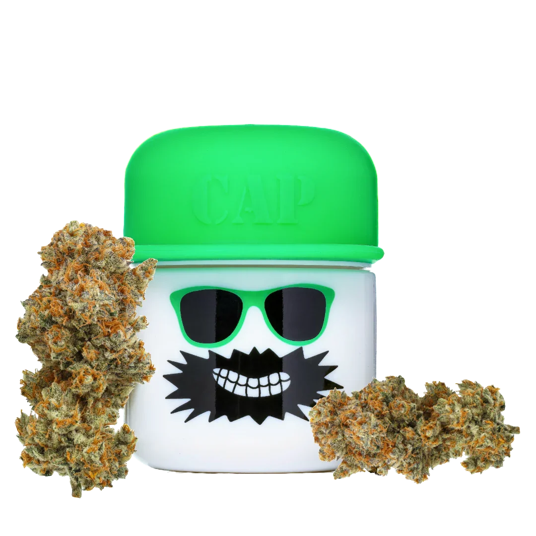 Cannabis buds with a white jar featuring sunglasses and a green cap labeled CAP